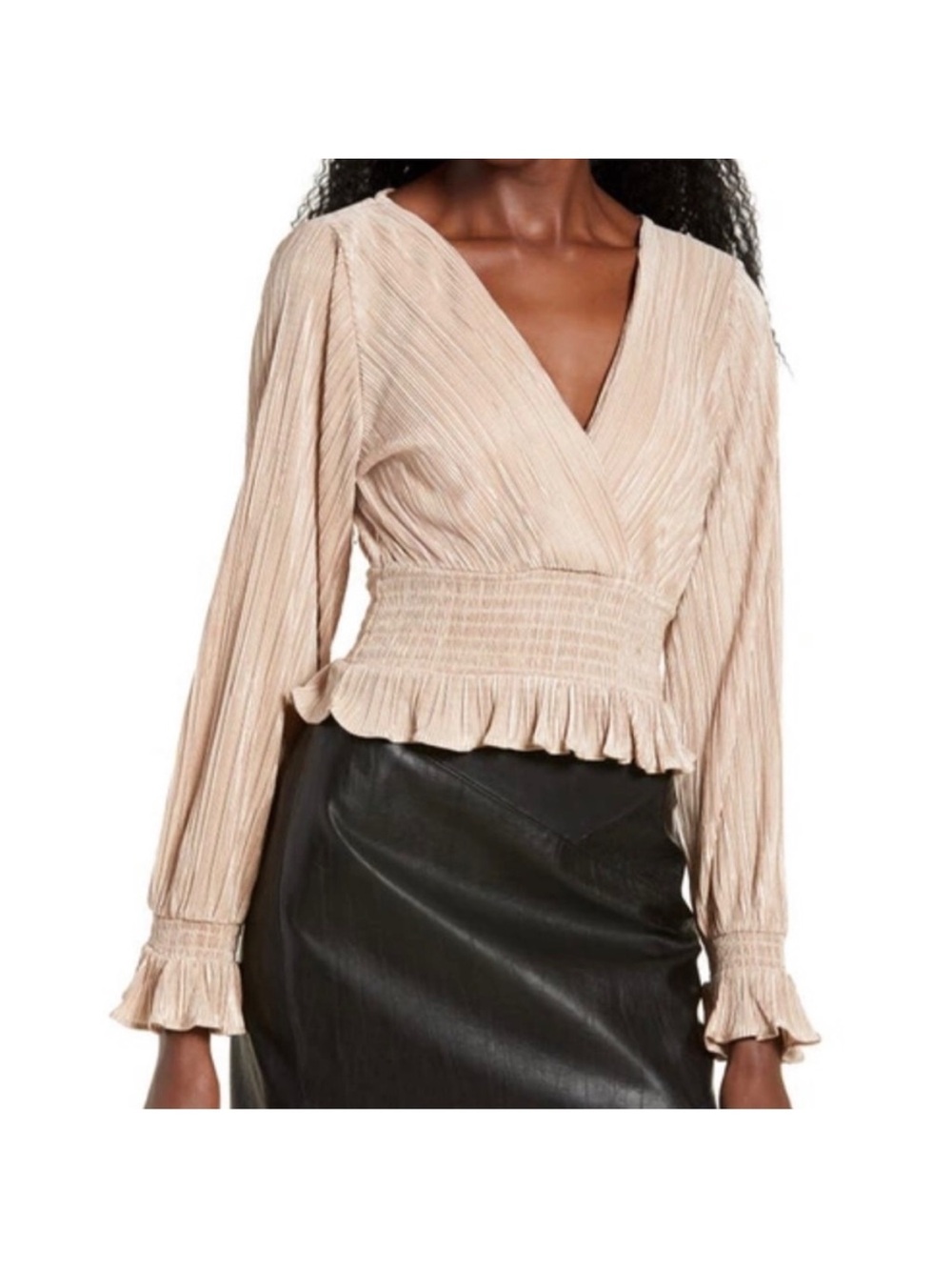 Leith Pleated V-Neck Ruffle-Hem Blouse in Light Beige